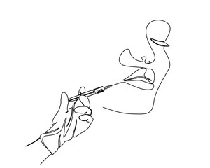 Continuous one line drawing of hand holding syringe -lips injection. Beauty surgery concept line art vector illustration. Editable stroke.