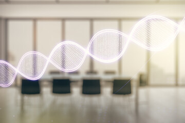 Virtual DNA symbol illustration on a modern conference room background. Genome research concept....