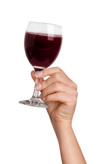 A woman's hand holds. Glass with red wine. On a blank background