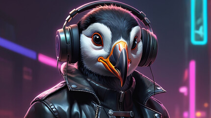 Puffin Synthwave Serenity Down Under by Alex Petruk AI GENERATED - obrazy, fototapety, plakaty