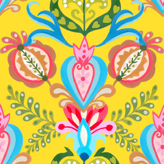 Valentine heart botanical seamless pattern inspired by traditional folk art embroidery designs textile or farbic print ornament.