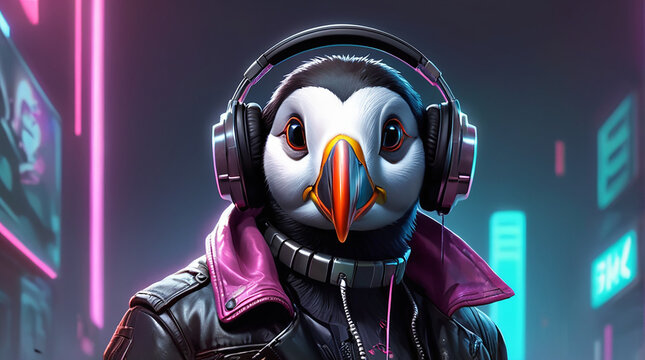 Puffin Synthwave Serenity Down Under by Alex Petruk AI GENERATED
