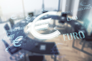 Virtual EURO symbols sketch on a modern boardroom background, strategy and forecast concept. Multiexposure