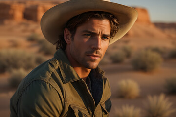 Man in Cowboy Hat Gazing Into Distance on Open Prairie Under Blue Sky Created With Generative AI Technology