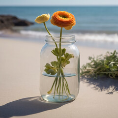 A Captivating Ranunculus Jar Amidst Beach Serenity AI GENERATED