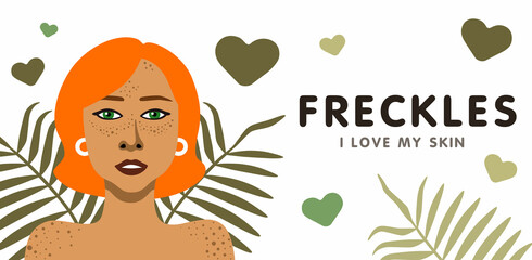 Banner about freckles with young beautiful redhead woman minimalistic vector