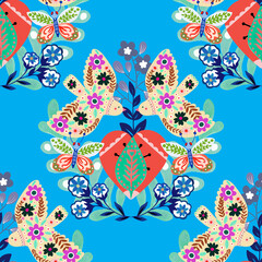 Fototapeta premium Valentine heart botanical seamless pattern inspired by traditional folk art embroidery designs textile or farbic print ornament.