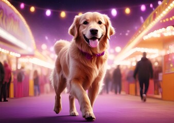 Beautiful golden retriever dog walking in a carnival background with beautiful colors