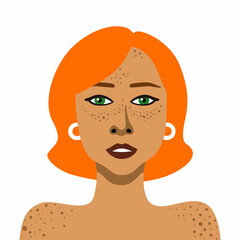 Vector image of portrait of young red-haired woman with freckles minimalistic illustration