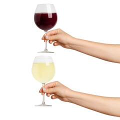 Kit. A woman's hand holds. Glass with white and red wine. On a blank background