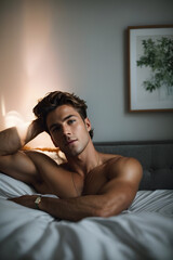 Shirtless Man on Bed in Bedroom, Relaxing and Unwinding. Generative AI.
