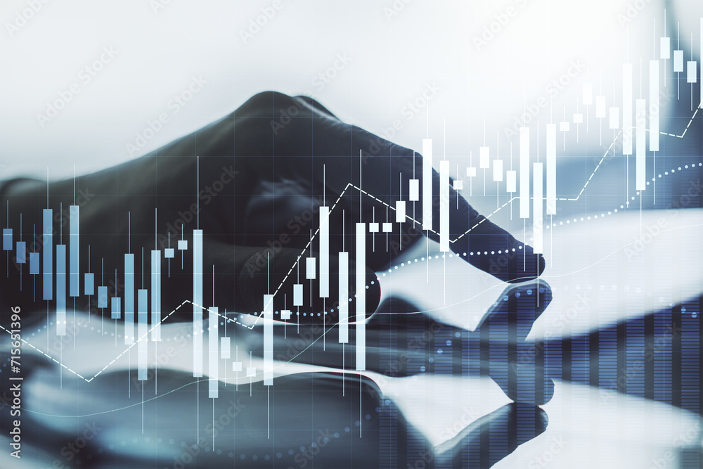Aufkleber double exposure of abstract creative financial diagram with finger clicks on a digital tablet on bac