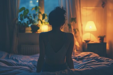 Lonely Woman Battles Depression And Insomnia In A Dimly Lit Bedroom. Сoncept Mental Health Struggles In Isolation, Coping With Depression, Overcoming Insomnia, Wellness Routines In The Bedroom