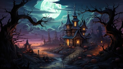 A spooky fairytale house of a witch nestled deep in the forest, bathed in the eerie glow of a full moon on Halloween night