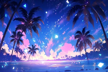 Fototapeta na wymiar Luminous Palm Trees Dot A Stunning Beach, Reminiscent Of Anime Artwork. Сoncept Anime-Inspired Beachscape, Luminous Palm Trees, Vibrant Coastal Scene