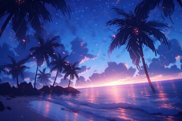 Breathtaking Beach With Anime-Esque Luminous Palm Trees. Сoncept Nighttime Cityscape With Neon Lights And Reflections