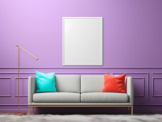 Beautiful living room with sofa and large blank canvas sizes mockup in the wall