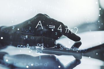 Creative scientific formula illustration with finger presses on a digital tablet on background,...