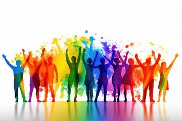 Diversity in Society concept. LGBT and LGBTQ rainbow in bright design. Rainbow flag for lgbtq community, freedom and smiles, pride parade. Group or young non-binary people, gay, trans and queer. - obrazy, fototapety, plakaty