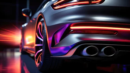Fotobehang Neon-lit exhaust system modification in a high-performance car against a black backdrop © Дмитрий Симаков