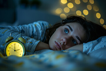 Person Struggling With Insomnia Lying In Bed, Anxiously Looking At Alarm Clock Standard. Сoncept Insomnia, Sleep Disorders, Anxiety, Alarm Clock, Sleep Deprivation - obrazy, fototapety, plakaty