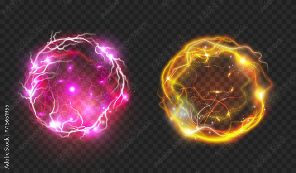 Aufkleber Plasma or electric sphere with thunderbolts and lightning. Vector isolated balls or circles with electricity discharge and power. Realistic magic element for game design, flash and glowing
