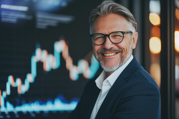 Older Male Investor with Screens Displaying Financial Data