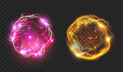 Plasma or electric sphere with thunderbolts and lightning. Vector isolated balls or circles with electricity discharge and power. Realistic magic element for game design, flash and glowing - obrazy, fototapety, plakaty