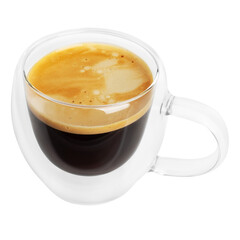 Transparent cup with double glass and coffee on a blank background.