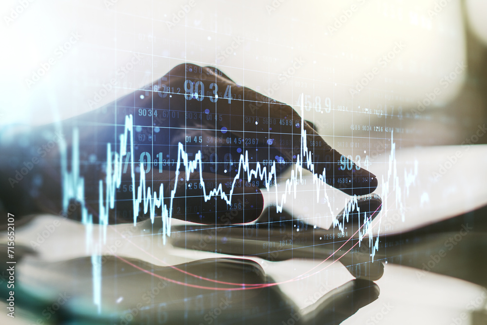 Poster multi exposure of abstract financial diagram and hand working with a digital tablet on background, b