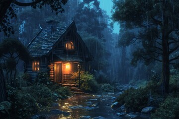 Serene Night Scene In The Forest A Cabin, Rain, Lantern, And Tranquility. Сoncept Romantic Beach Sunset, Candid Family Moments, Urban Street Art, Majestic Mountain Landscapes