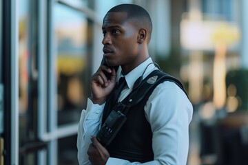 Well-Dressed Security Guard Engaged In Walkie-Talkie Communication With A Focused Look. Сoncept Professional Attire, Walkie-Talkie Communication, Focused Expression, Security Guard, Engaged In Work