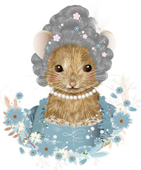 Maus Porträt mit Rokoko Perücke und Kostüm