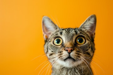 Startled Feline Displays Wideeyed Astonishment Against Vibrant Backdrop In Closeup. Сoncept Close-Up Cat Expressions, Startled Feline Reactions, Vibrant Backdrop Portraits