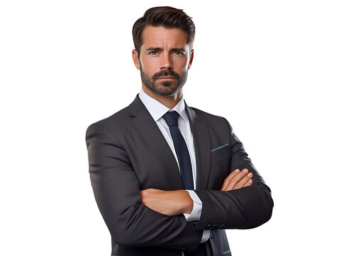 A businessman in a black suit and dark blue tie looks at the camera with a serious gaze. Isolated on a white background. Created with Generative AI.