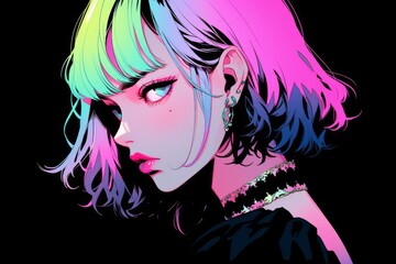 Glamorous Manga Illustration Of A Gothic Anime Woman With Vibrant Neon Hair. Сoncept Futuristic Cityscape, Cyberpunk Fashion, Artificial Intelligence, Technological Advances