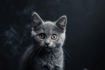 Stylish Grey Cat With Textured Fur Poses Against A Dark Background. Сoncept Feline Fashion, Textured Elegance, Moody Grey, Dark Glamour