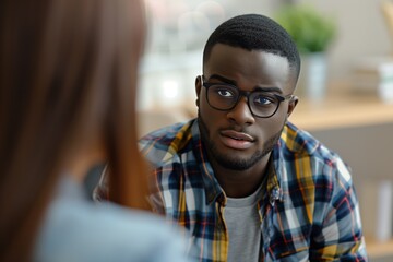 Supportive Psychologist Empathetically Listens To A Troubled Young Black Mans Concerns. Сoncept Mental Health Awareness, Culturally Sensitive Therapy, Black Mental Health, Supporting Young Men - obrazy, fototapety, plakaty