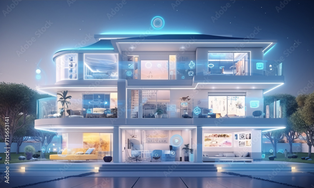 Wall mural internet of things concept with an image of a smart home with various connected devices and applianc