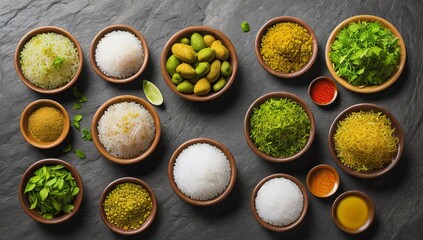 Various Asian food groups on a black background