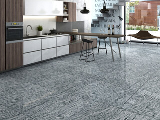 Dark cozy kitchen room interior with dining table, four chairs, parquet floor, electric cooker and crockery. Contemporary Scandinavian minimalist design. Nice place for dining. 3D Rendering