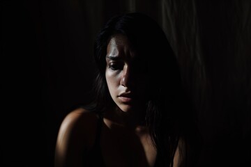 Woman Displays Overwhelming Distress In A Solitary Moment, Surrounded By Darkness. Сoncept Emotional Breakdown, Loneliness, Despair, Dark Moments - obrazy, fototapety, plakaty