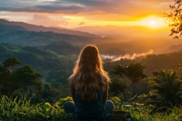 Embracing Tranquility: Woman's Journey To Inner Peace Amidst Sunrise's Natural Beauty. Сoncept Yoga In Nature, Morning Meditation, Mindful Reflection, Serene Sunrises, Finding Inner Harmony - obrazy, fototapety, plakaty
