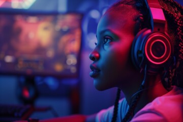 A Rising Star: Young African Girl Thrives In The Professional Video Gaming Scene. Сoncept Esports Champion, African Gaming Talent, Young Prodigy, Gaming Success Story, Trailblazing In Esports