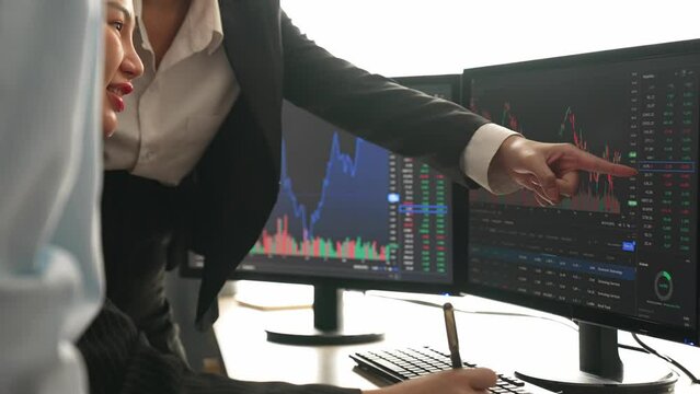 Business investors in stock trading company analyzing stock exchange marketing looking at monitors analyzing candle bar price for loss and grow up gain and profits. Burgeoning