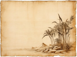 Old papyrus with mountains and trees on one side