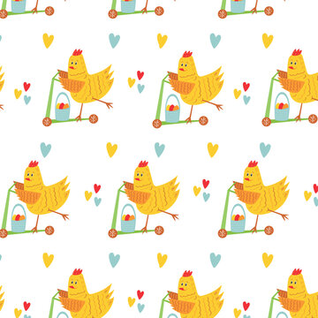 Easter seamless pattern with easter eggs, easter bascket, easter egg hunt, and happy chicken on scooter. Beautiful background, great for Easter Cards, banner, textiles, wallpapers - cartoon vect