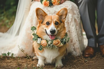 Corgi with Floral Necklace at Wedding