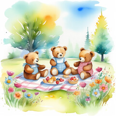 Toy bear family picnic on the flower lawn isolated. Watercolor weekend of mother and father bears with their cub. Lovely cartoon lunch painting. 