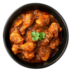 Fototapeta premium Chicken Vindaloo in black bowl top view isolated on transparent 